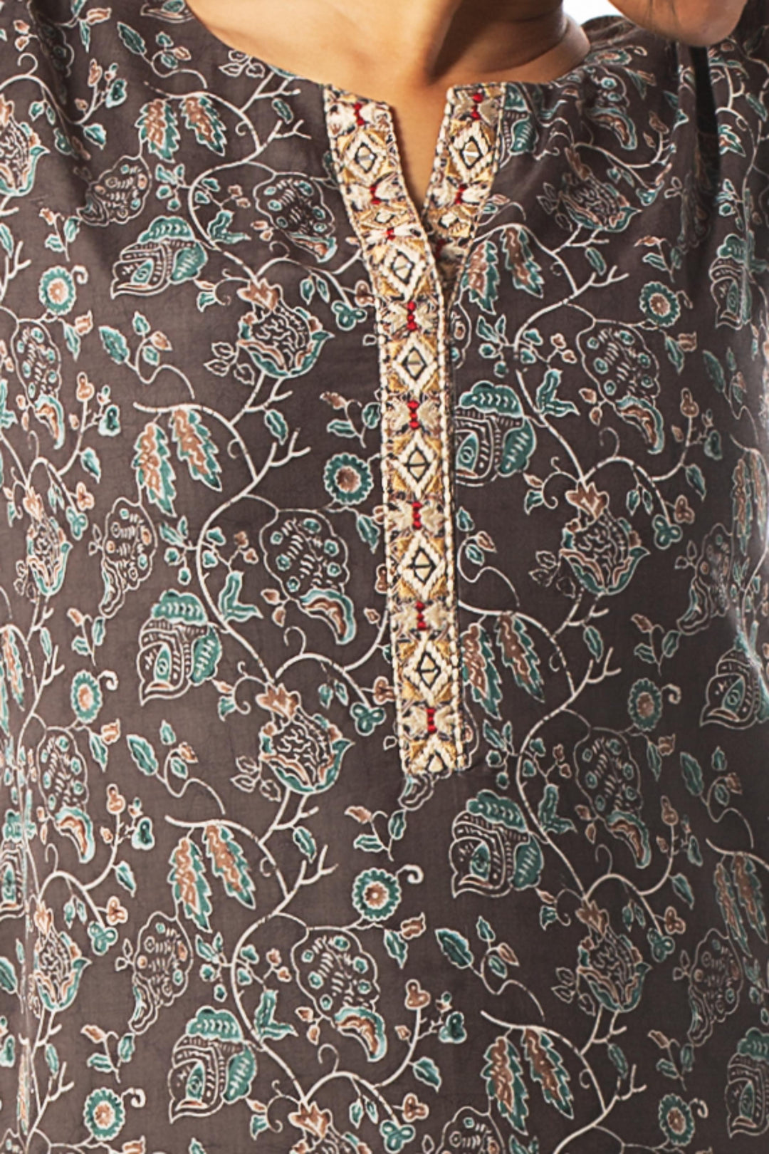 Greyish Green Thread and Mirror work with Printed Straight Cut Salwar Suit - Seasons Chennai