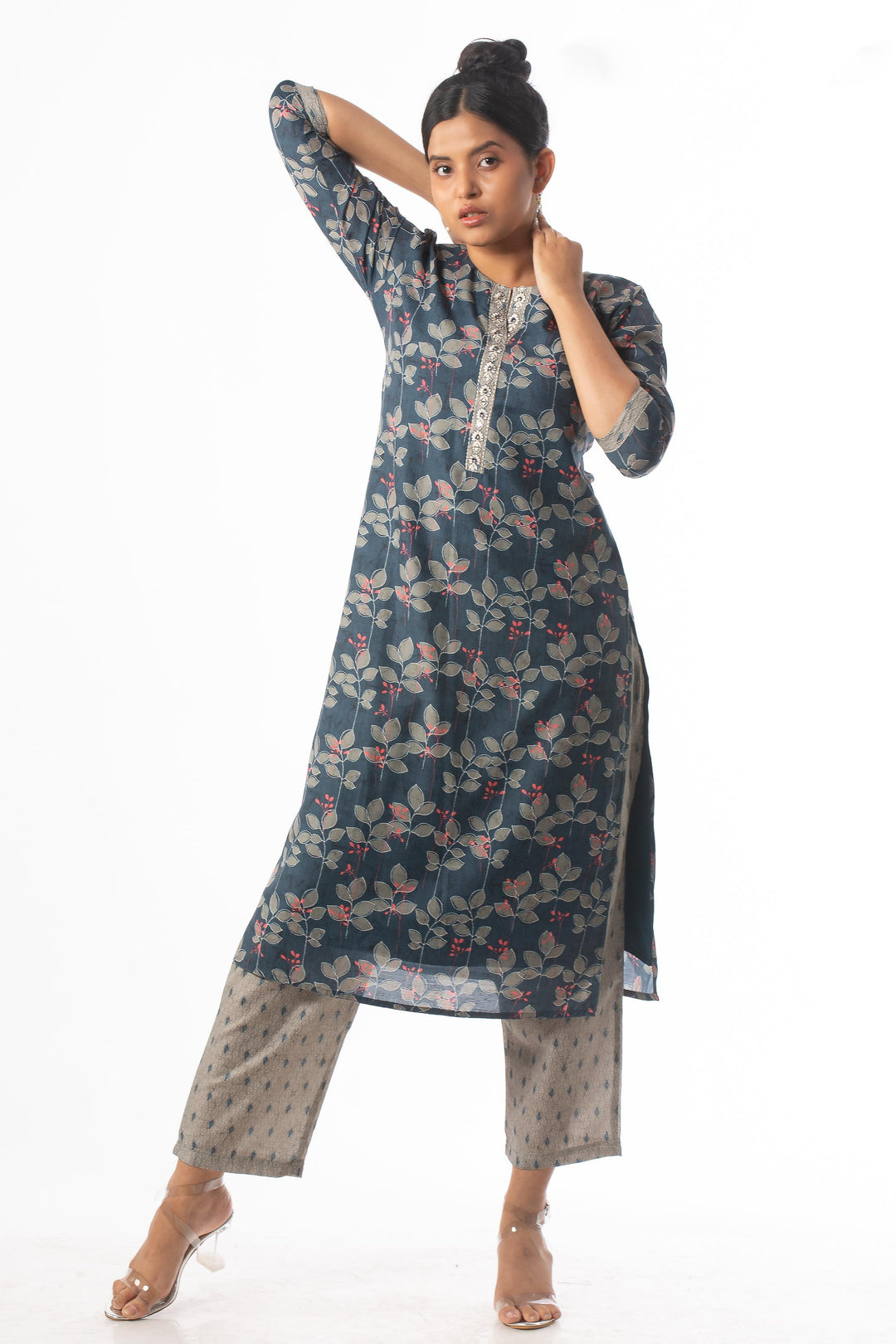 Blue with Green Mirror and Thread work with Printed Straight Cut Salwar Suit - Seasons Chennai