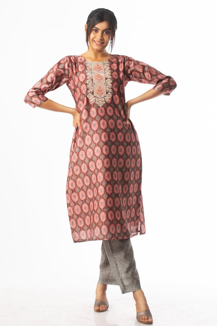 Brown with Green Zari and Thread work with Printed Straight Cut Salwar Suit - Seasons Chennai