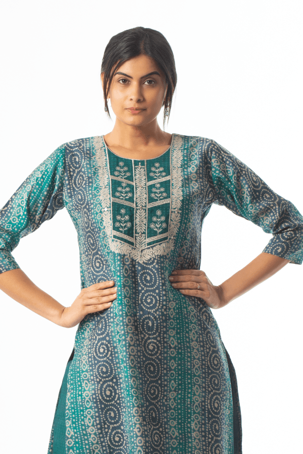 Rama Green with Blue Digital Print, Thread and Zari work Straight Cut Salwar Suit - Seasons Chennai
