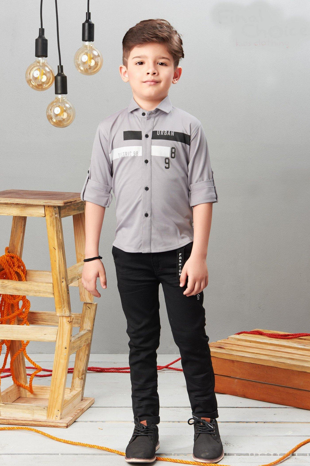 Grey and Black Casual wear Pant and Shirt Set for Boys - 1