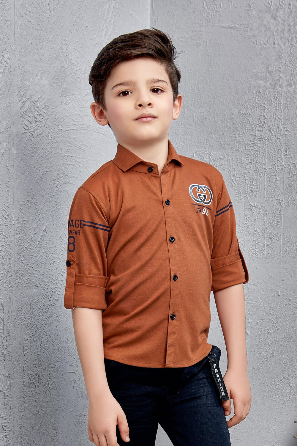Rust and Navy Blue Casual wear Pant and Shirt Set for Boys - 2