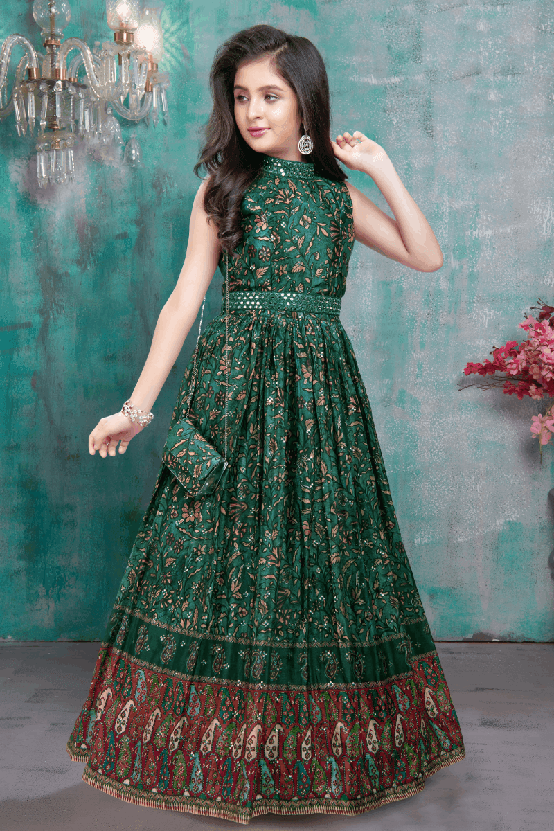 Green Sequins, Thread and Mirror work with Kalamkari Print Long Party Gown for Girls - Seasons Chennai