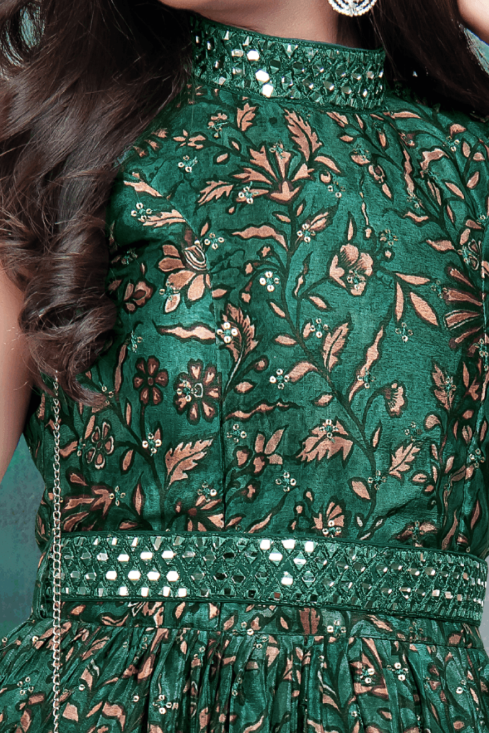 Green Sequins, Thread and Mirror work with Kalamkari Print Long Party Gown for Girls - Seasons Chennai