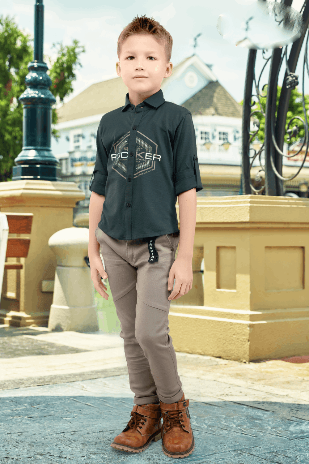 Green and Beige Casual wear Pant and Shirt Set for Boys - Seasons Chennai