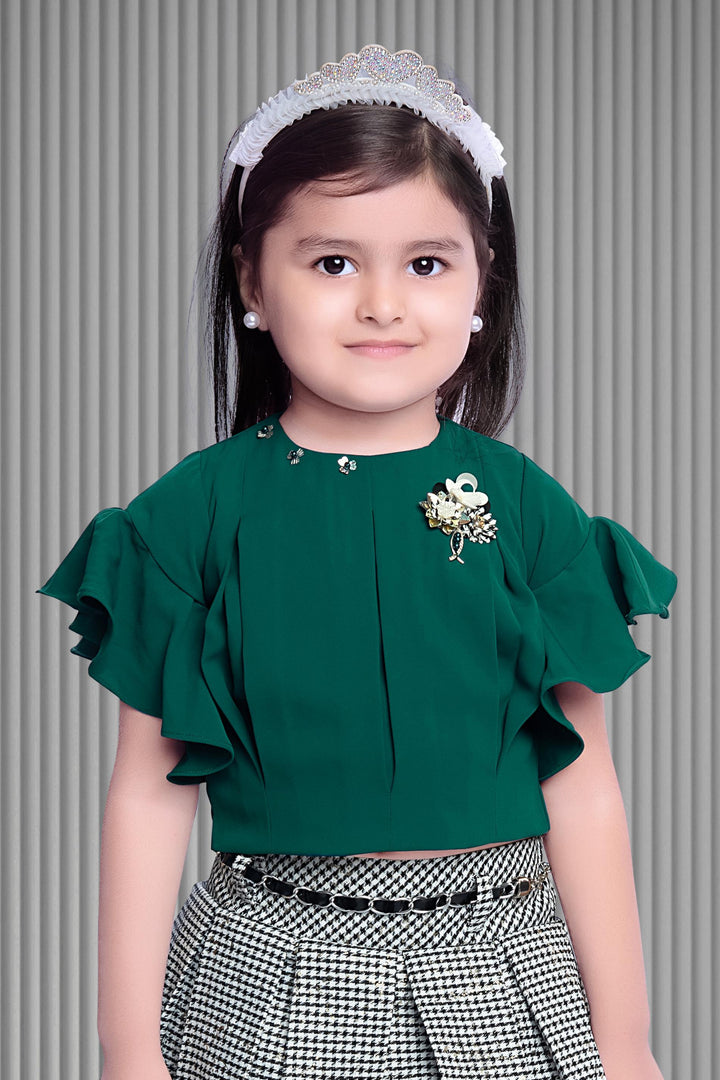 Green, White with Black Print Top and Divider Skirt for Girls with Belt - Seasons Chennai