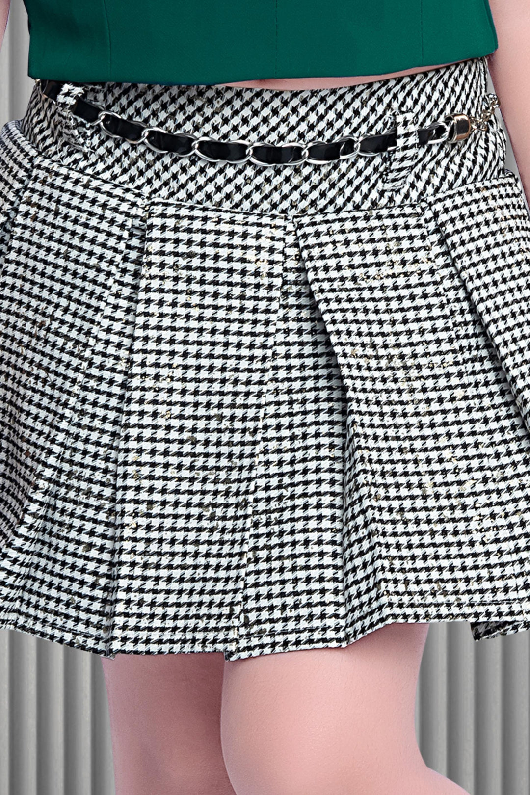 Green, White with Black Print Top and Divider Skirt for Girls with Belt - Seasons Chennai