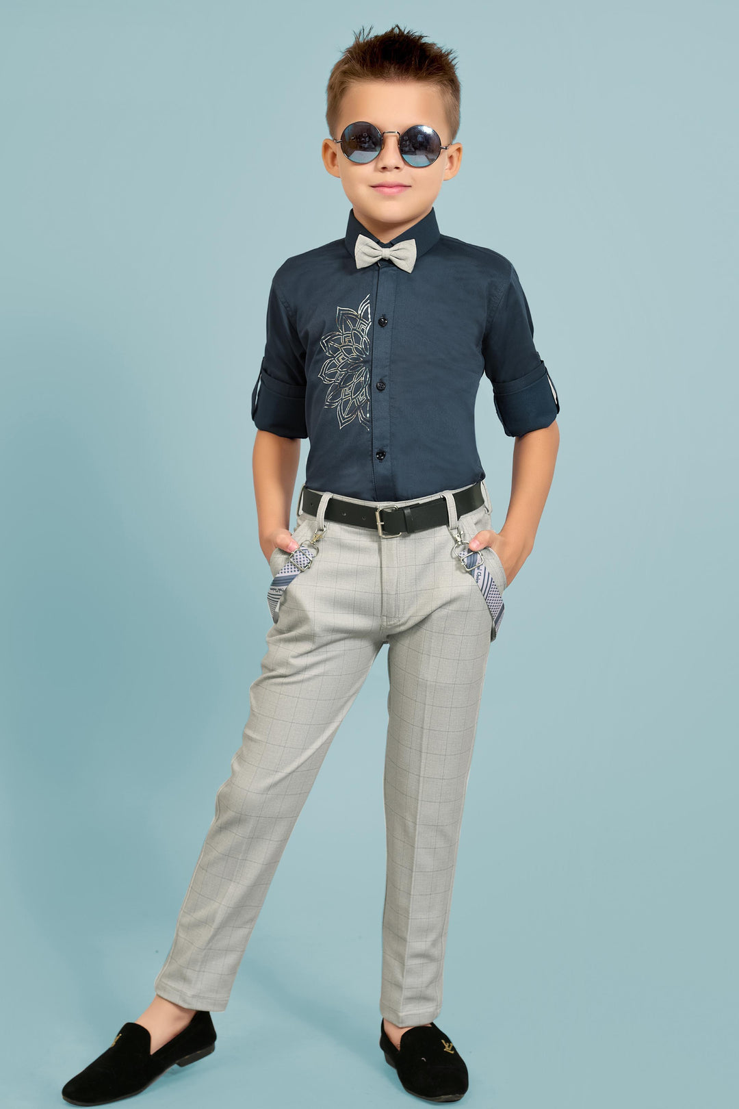 Dark Grey Suspender Style Pant Shirt Set for Boys with Bow and Belt - Seasons Chennai
