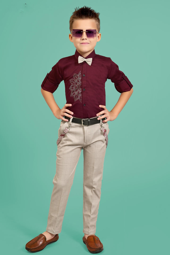 Maroon with Grey Suspender Style Pant Shirt Set for Boys with Bow and Belt - Seasons Chennai