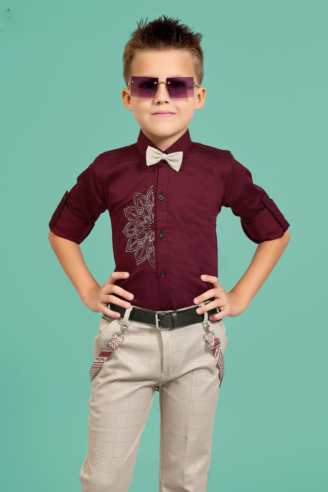 Maroon with Grey Suspender Style Pant Shirt Set for Boys with Bow and Belt - Seasons Chennai