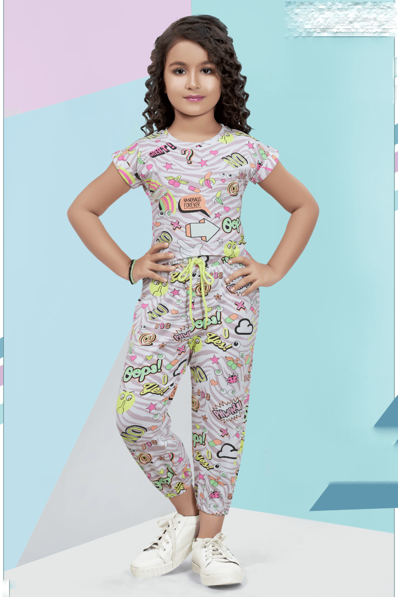 Half White with Multicolor Print Top with Joggers Set for Girls - Seasons Chennai