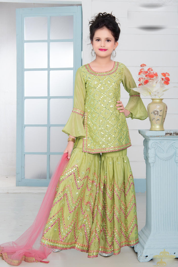 Pista Green Mirror and Multicolor Threadwork Girls Sharara Suit Set - 1