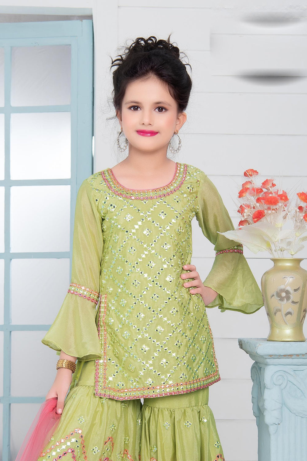 Pista Green Mirror and Multicolor Threadwork Girls Sharara Suit Set - 2