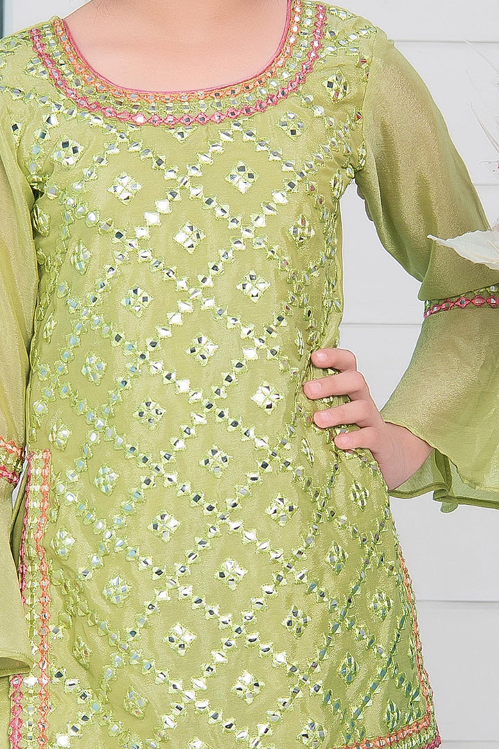 Pista Green Mirror and Multicolor Threadwork Girls Sharara Suit Set - 3