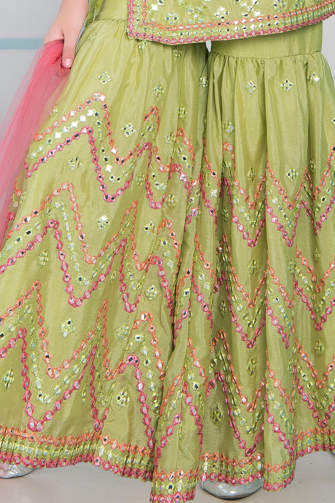 Pista Green Mirror and Multicolor Threadwork Girls Sharara Suit Set - 4