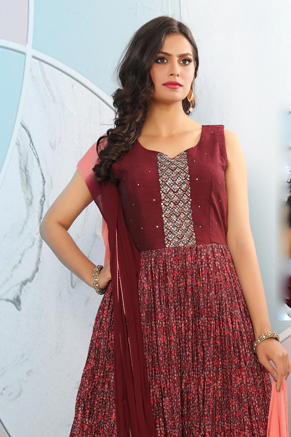Maroon Stone, Zardozi and Mirror work with Digital Print Floor Length Anarkali Suit - Seasons Chennai