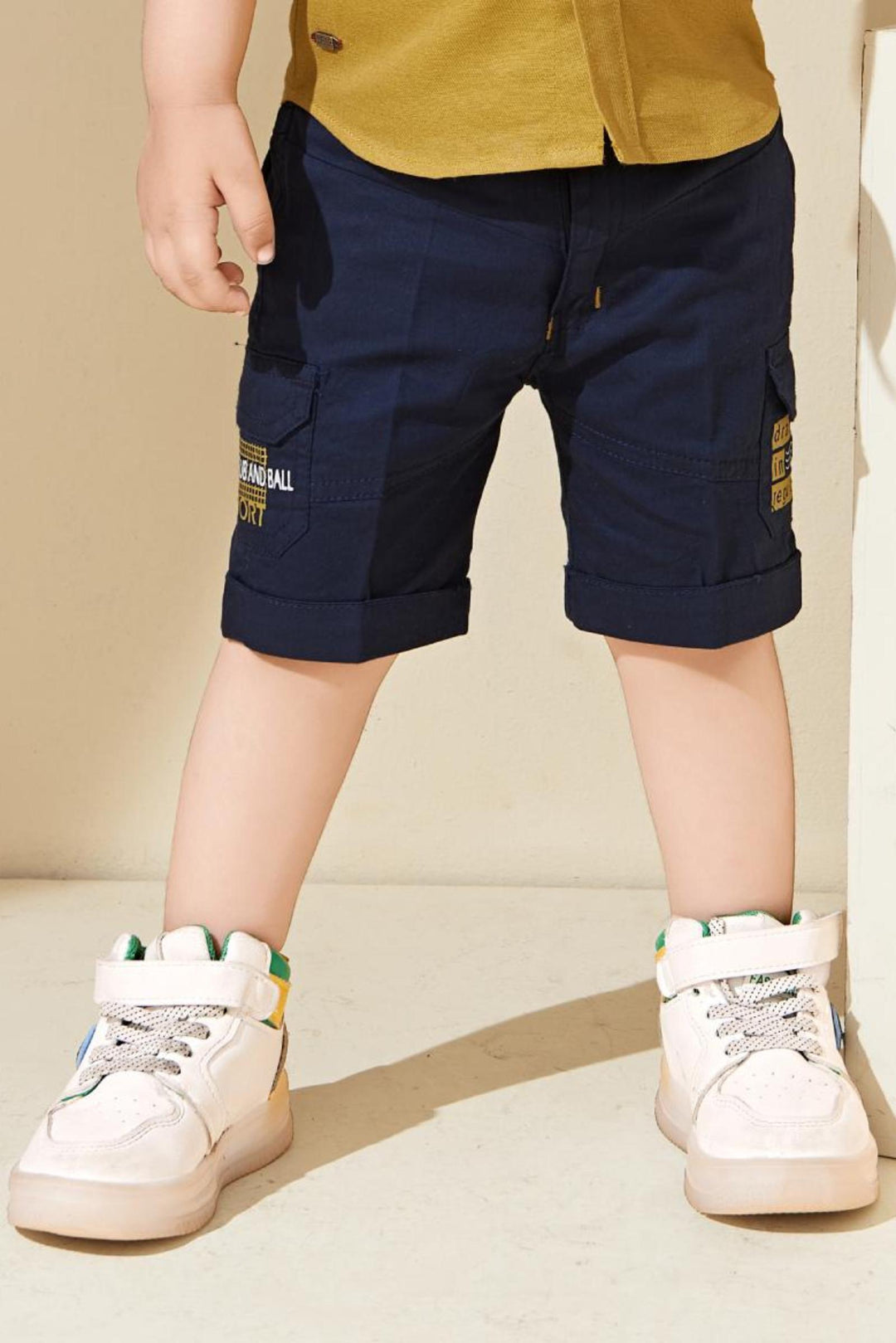 Mustard and Navy Blue Casual wear Knee Length Pant and Shirt Set for Boys - 4