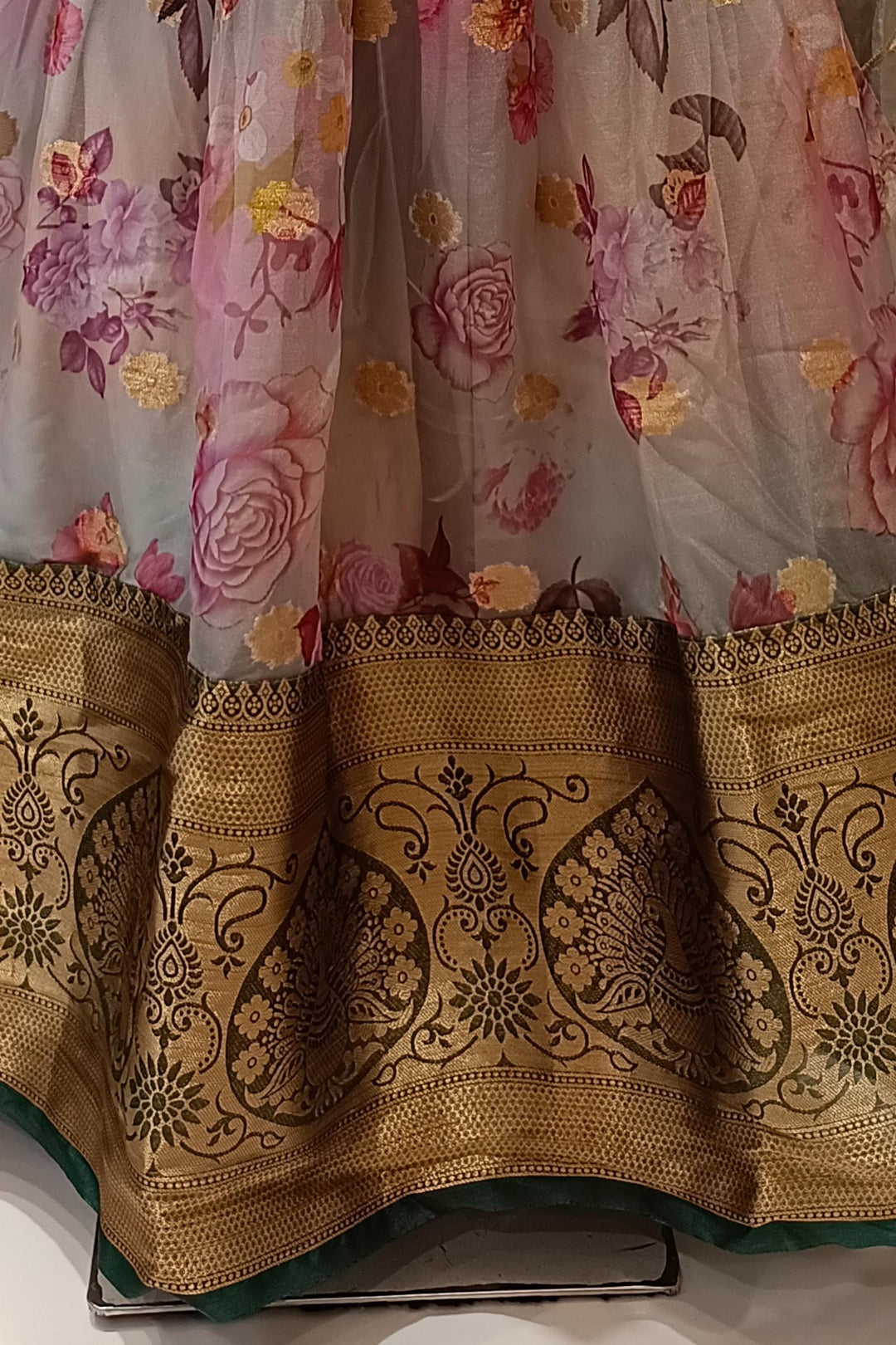 Multicolor Floral Print, Zardozi, Stone and Thread work Banaras Overcoat Long Gown for Girls - Seasons Chennai