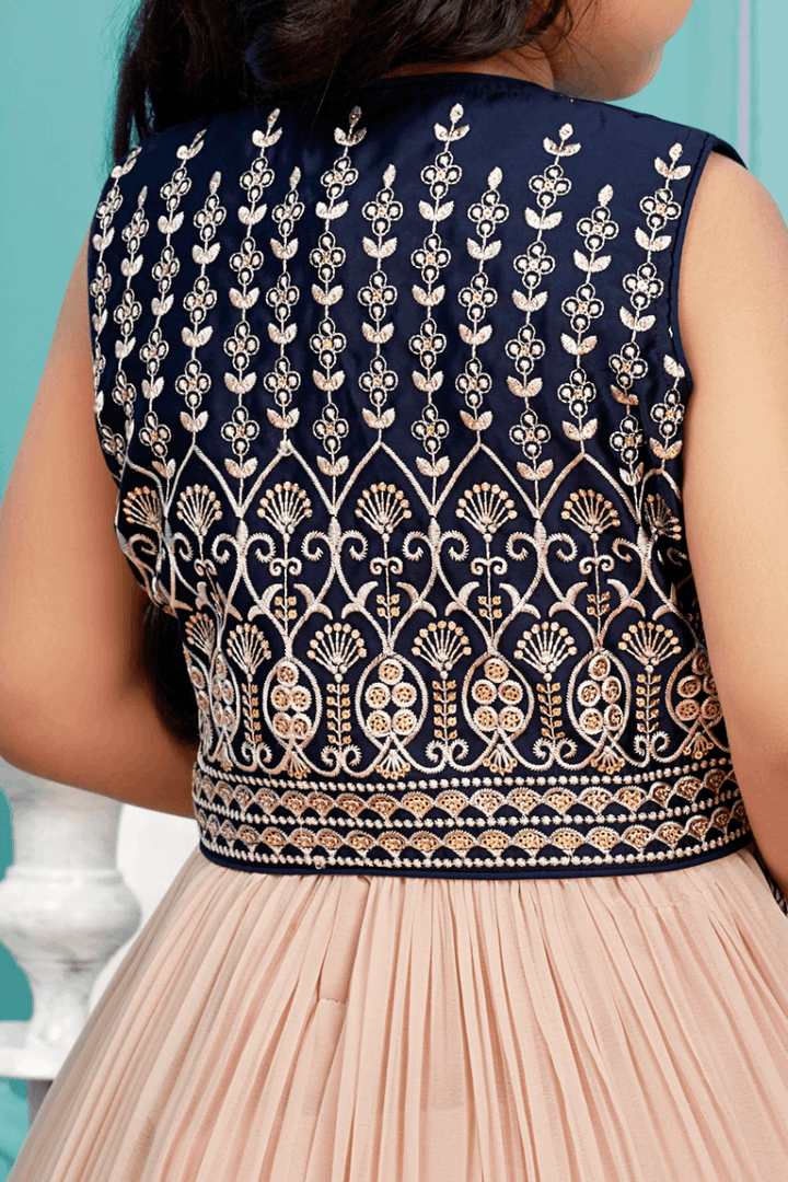 Light Peach with Navy Blue Sequins and Thread work Overcoat Long Gown for Girls - Seasons Chennai