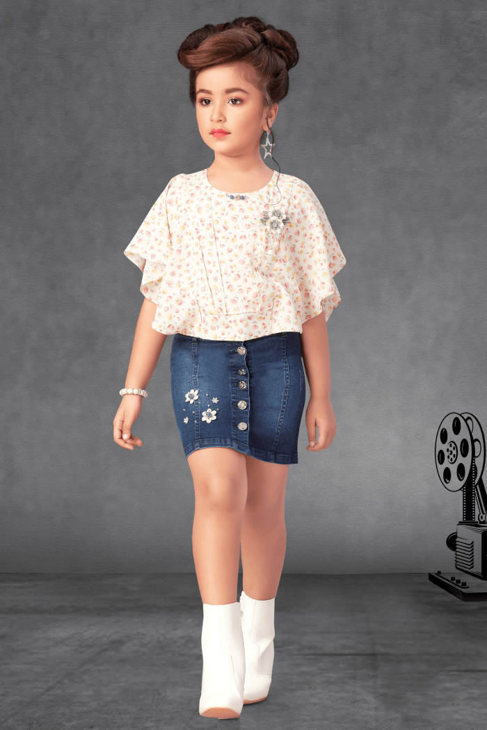 Cream with Floral Print Top and Blue Denim Short Skirt for Girls - Seasons Chennai