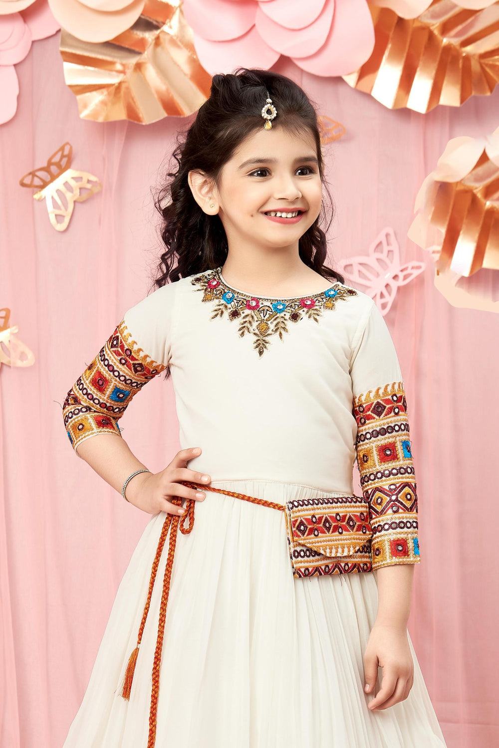 White Zardozi, Stone and Multicolor Threadwork Long Party Gown for Girls - SeasonsChennai