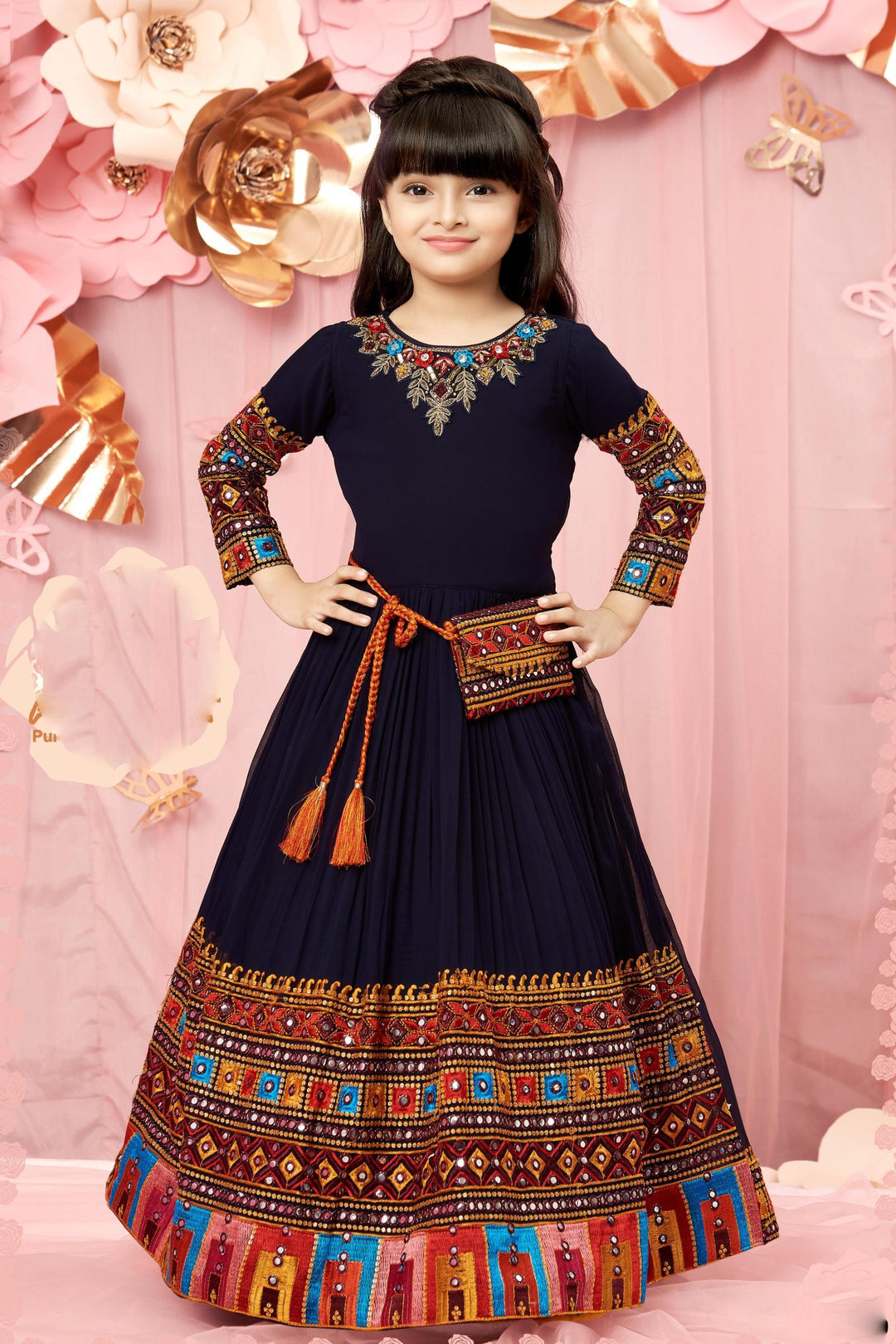 Navy Blue Zardozi, Stone and Multicolor Threadwork Long Party Gown for Girls - 1