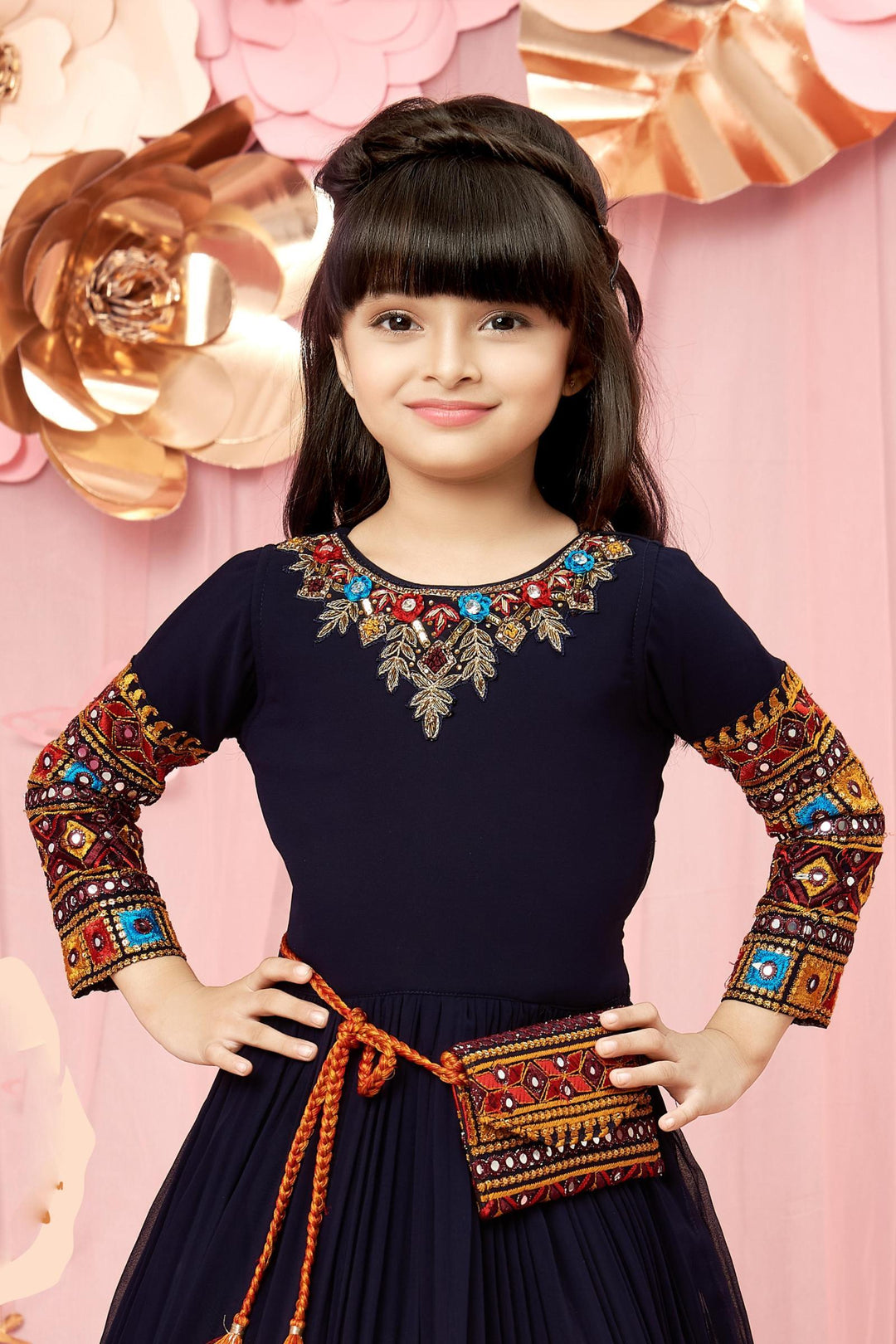 Navy Blue Zardozi, Stone and Multicolor Threadwork Long Party Gown for Girls - 2