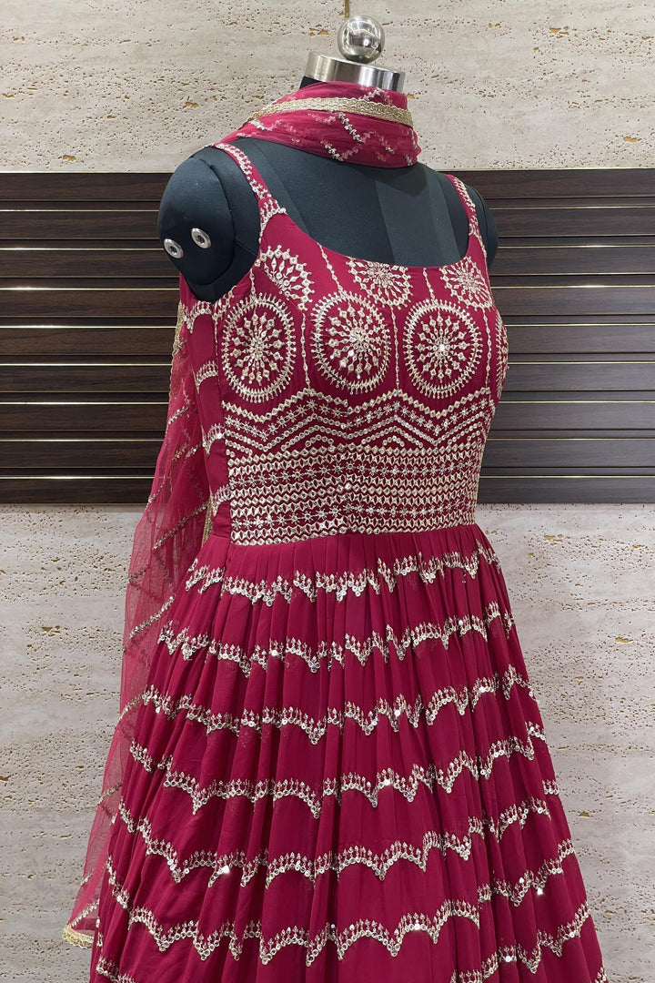 Rani Pink Golden Zari and Sequins work Floor Length Anarkali Suit - Seasons Chennai