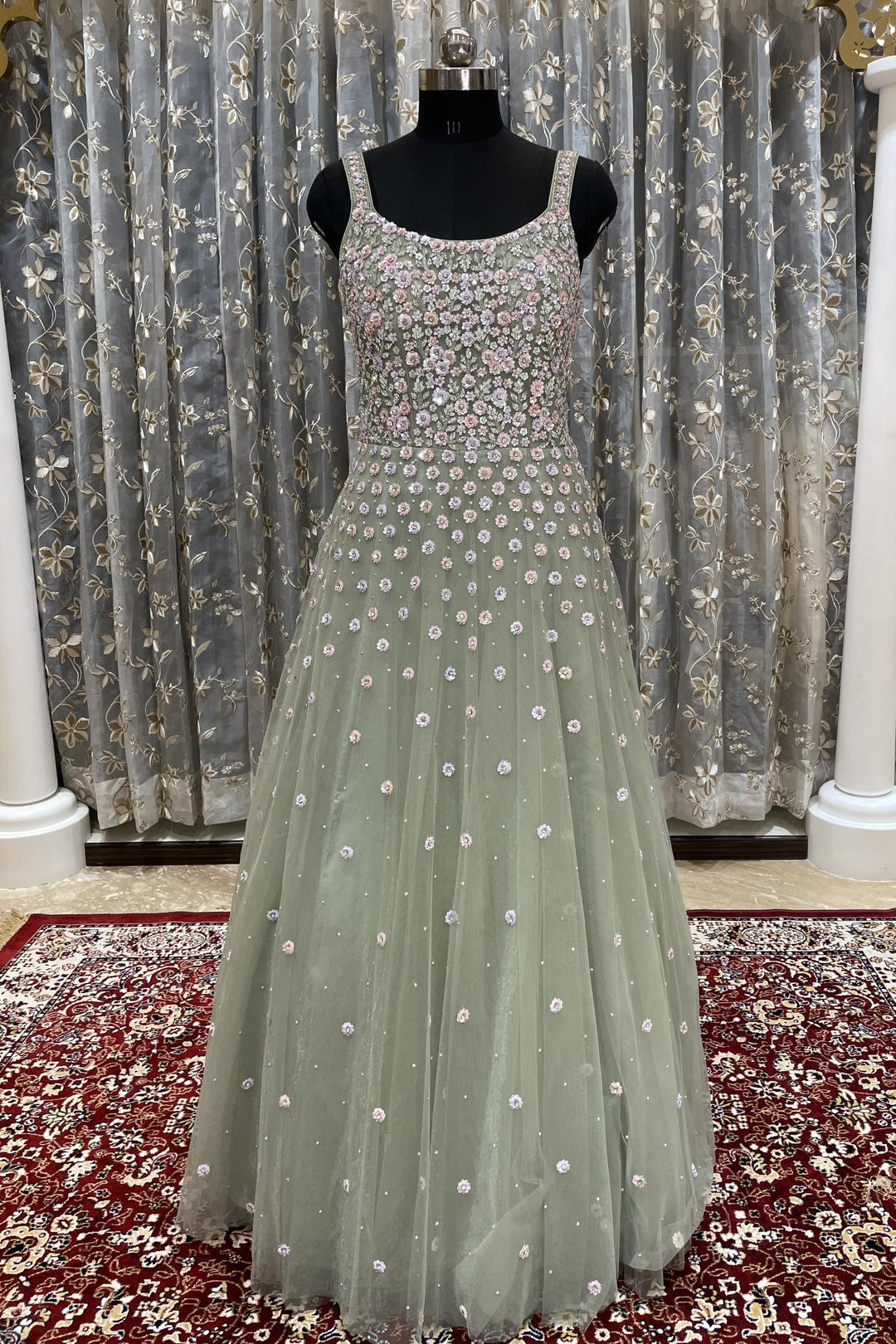 Pastel Green Sequins, Beads and Stone work Bridal and Partywear Gown - Seasons Chennai