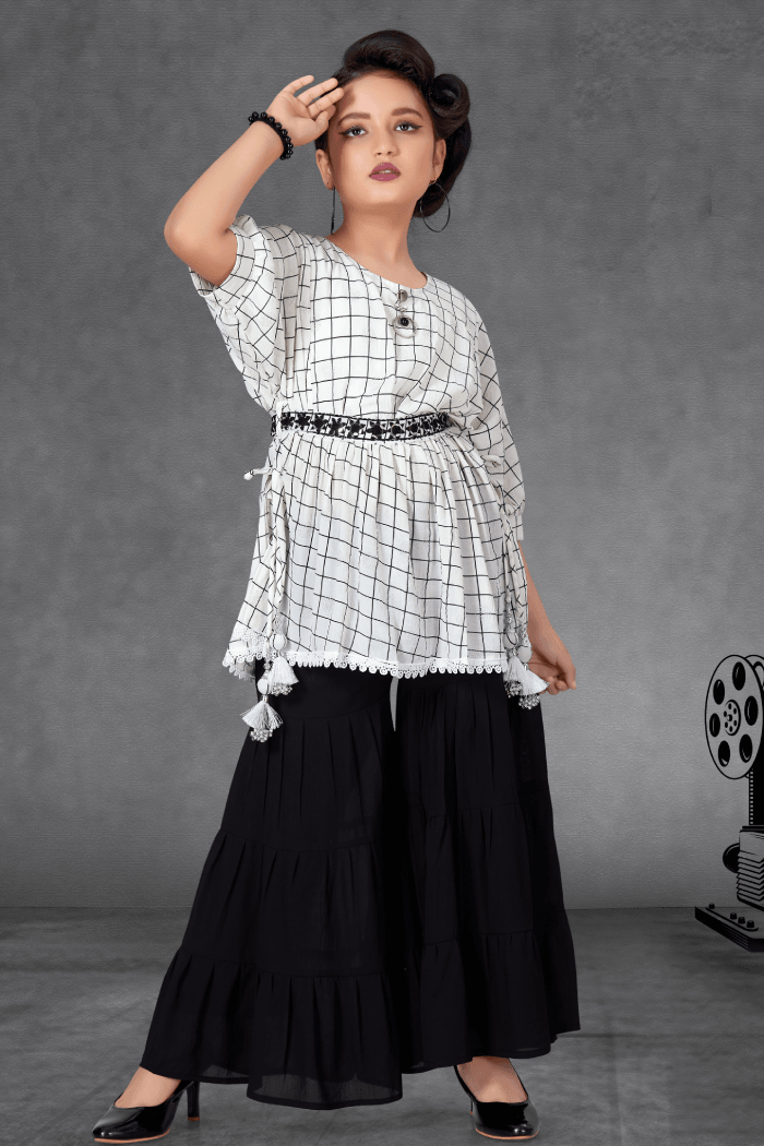White with Black Checked Printed Top with Sharara Suit Set for Girls - Seasons Chennai