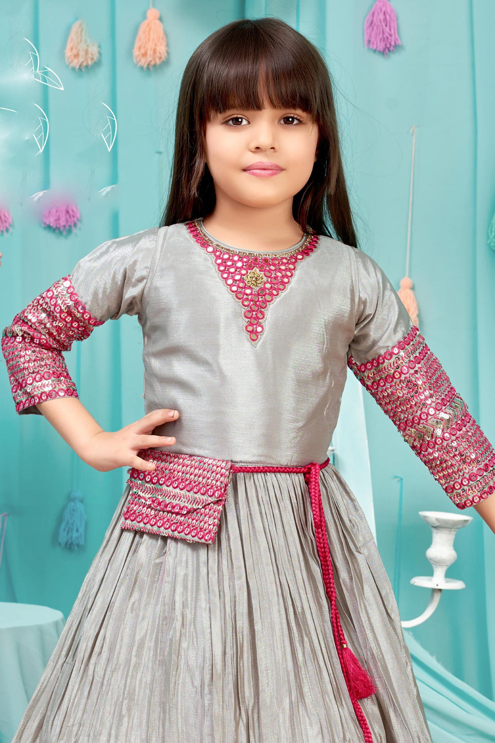 Grey Sequins, Mirror, Stone and Threadwork Long Party Gown for Girls with Matching Designer Bag - Seasons Chennai