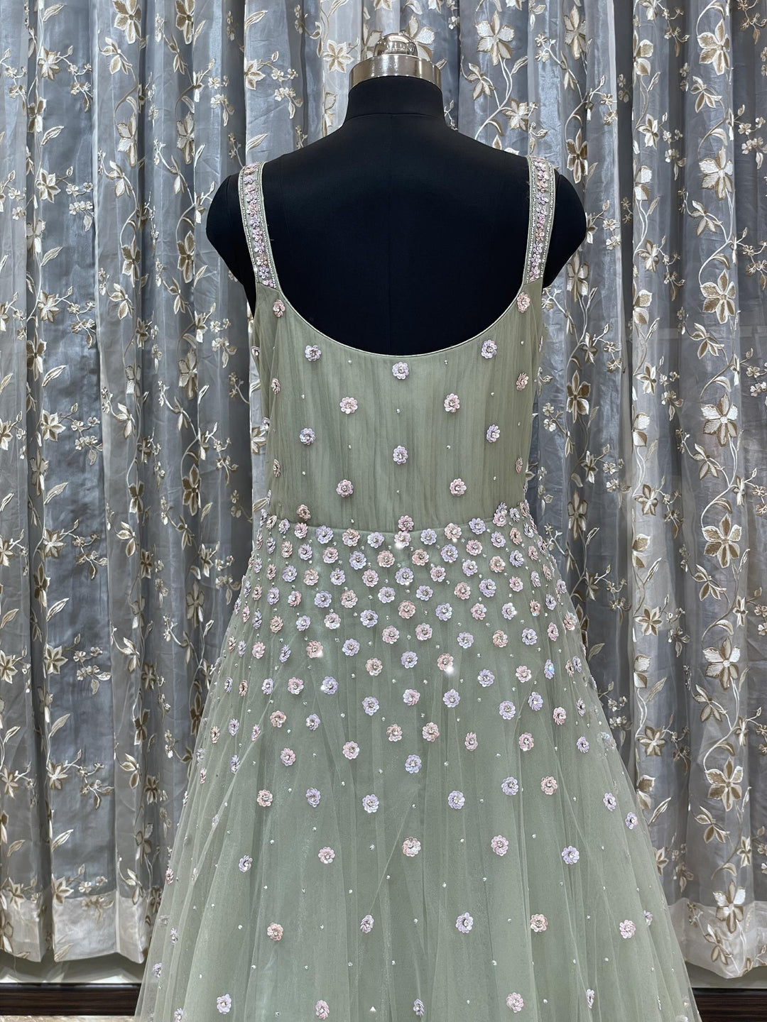 Pastel Green Sequins, Beads and Stone work Bridal and Partywear Gown - Seasons Chennai
