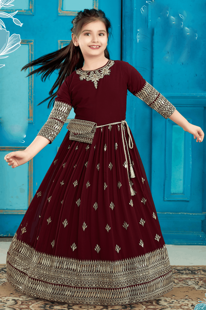 Maroon Sequins, Stone and Zari work Long Party Gown for Girls with Matching Designer Bag - Seasons Chennai