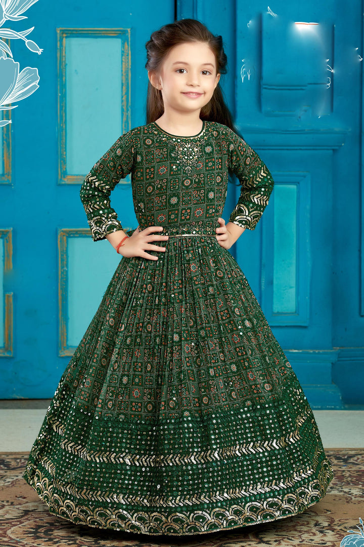 Green Mirror, Stone, Sequins and Thread work with Digital Print Long Party Gown for Girls - Seasons Chennai