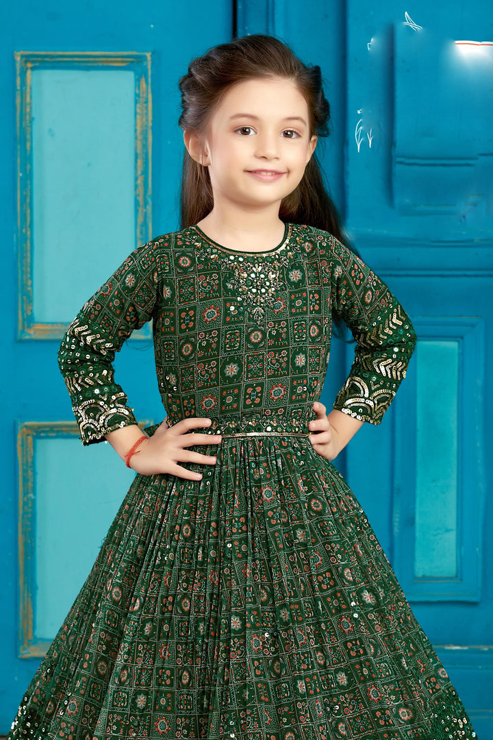 Green Mirror, Stone, Sequins and Thread work with Digital Print Long Party Gown for Girls - Seasons Chennai
