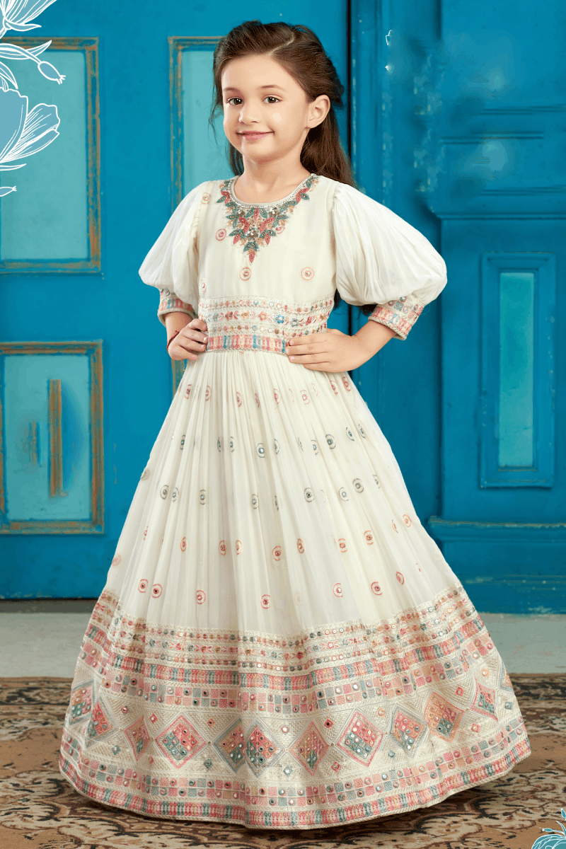 Cream Multicolor Thread, Stone and Sequins work Long Party Gown for Girls - Seasons Chennai