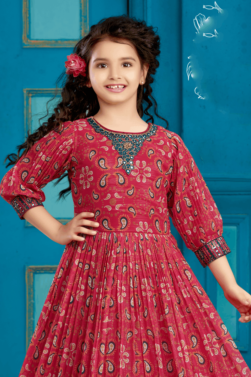 Pink Mirror, Stone, Sequins and Thread work with Digital Print Long Party Gown for Girls - Seasons Chennai