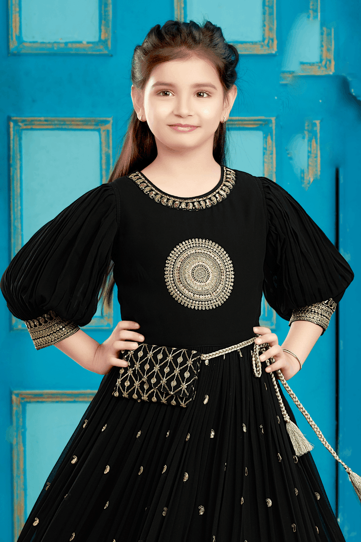 Black Zari and Sequins work Long Party Gown for Girls with Matching Designer Bag - Seasons Chennai