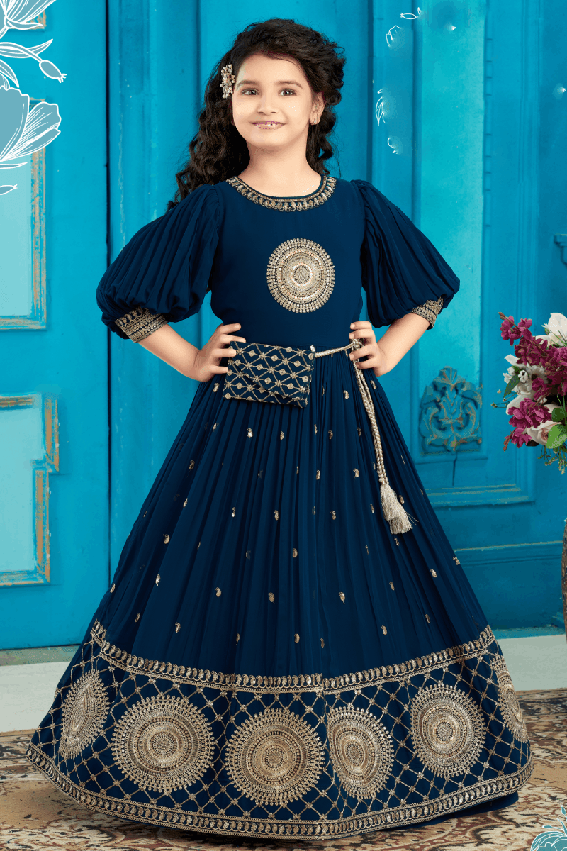 Peacock Blue Zari and Sequins work Long Party Gown for Girls with Matching Designer Bag - Seasons Chennai