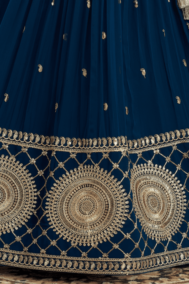Peacock Blue Zari and Sequins work Long Party Gown for Girls with Matching Designer Bag - Seasons Chennai