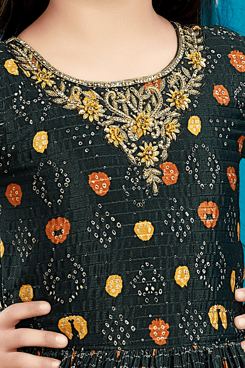 Black Bandini Print, Stone, Zardozi and Thread work Long Gown for Girls - Seasons Chennai