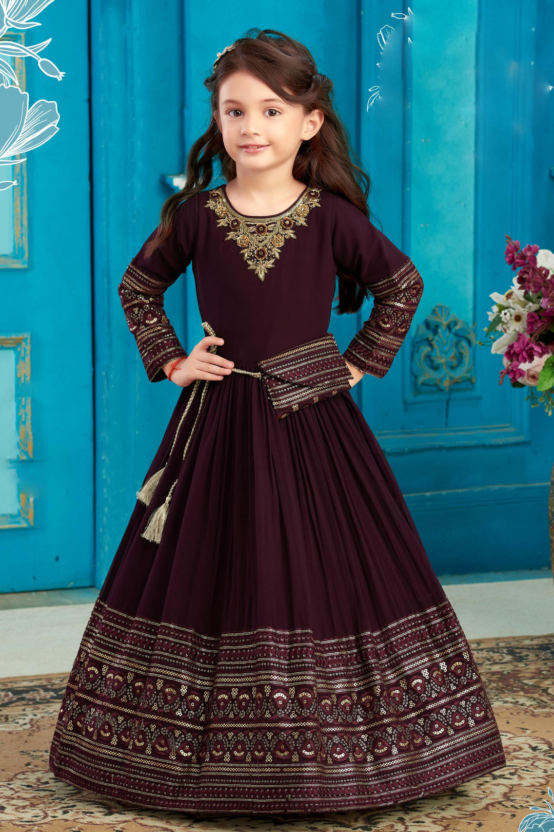 Wine Sequins, Stone and Thread work Long Party Gown for Girls with Matching Designer Bag - Seasons Chennai