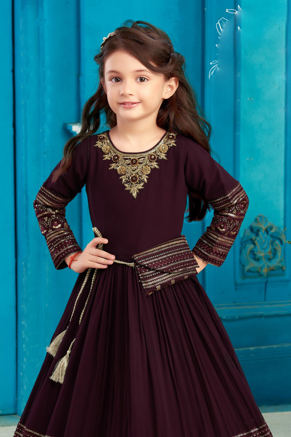Wine Sequins, Stone and Thread work Long Party Gown for Girls with Matching Designer Bag - Seasons Chennai