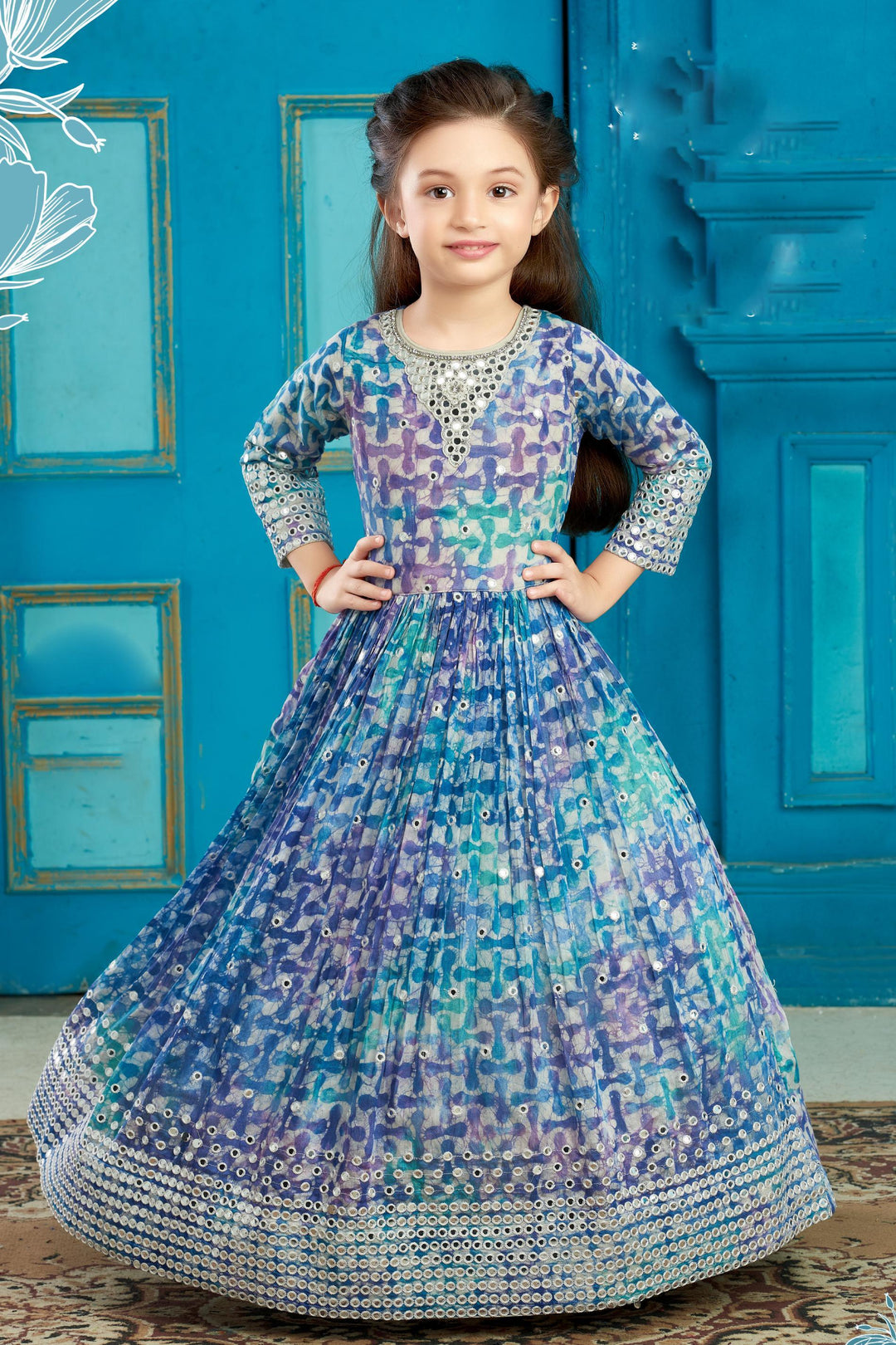 Blue with Print, Sequins, Stone and Thread work Long Party Gown for Girls - Seasons Chennai