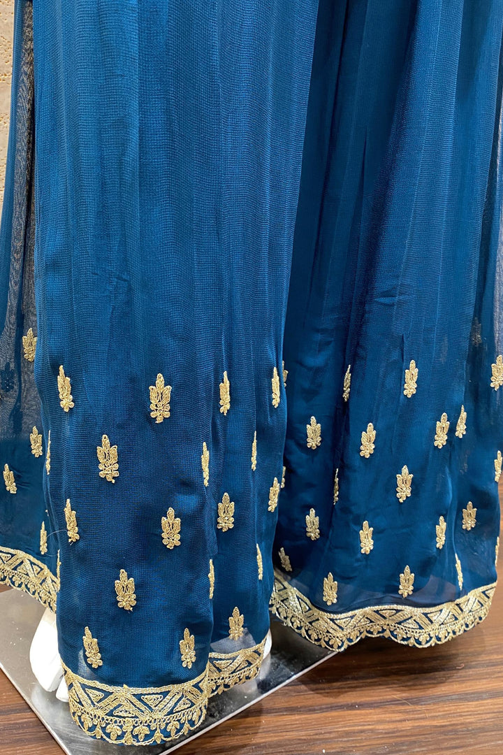 Peacock Blue Georgette Palazzo with Silver Zari Thread and Mirror work Top with Belt - 4
