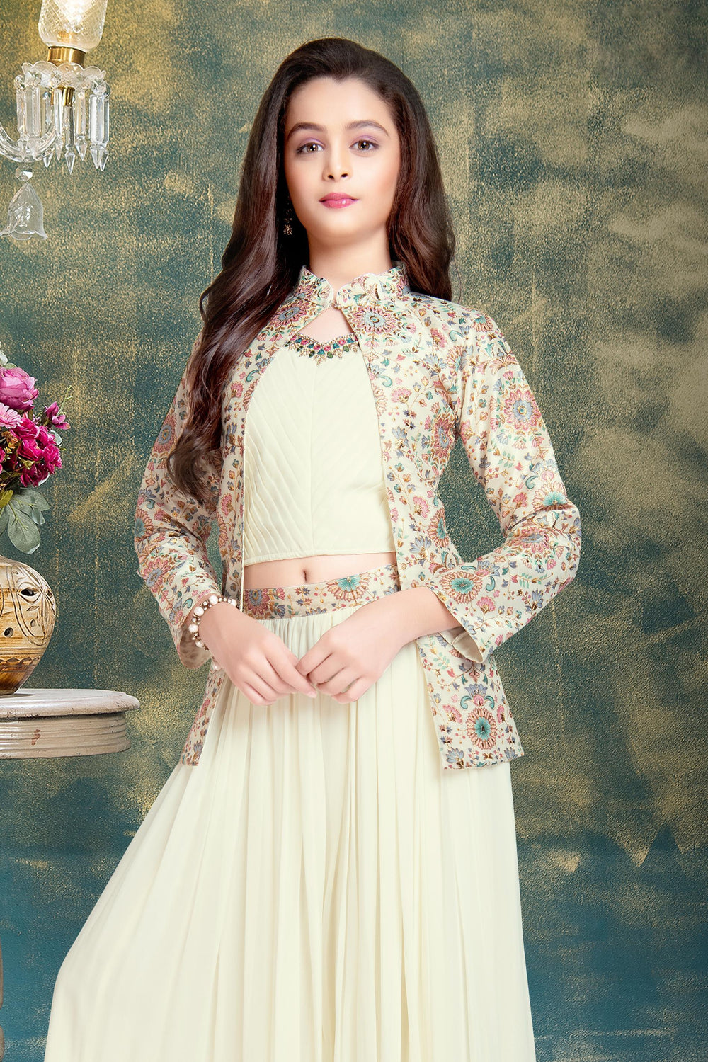 Cream Stone, Mirror and Zardozi work with Floral Print Overcoat Styled Palazzo Set For Girls - Seasons Chennai