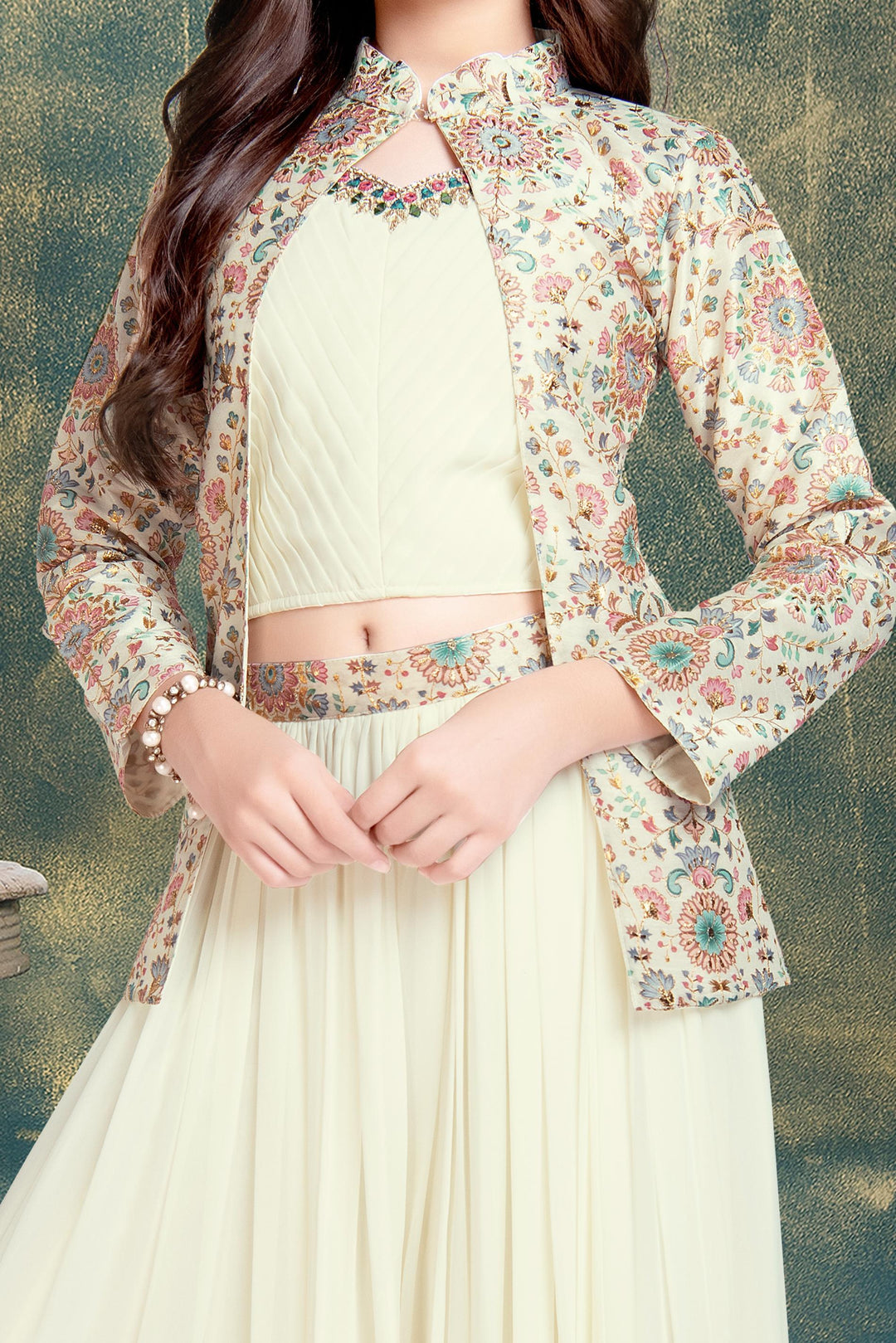 Cream Stone, Mirror and Zardozi work with Floral Print Overcoat Styled Palazzo Set For Girls - Seasons Chennai
