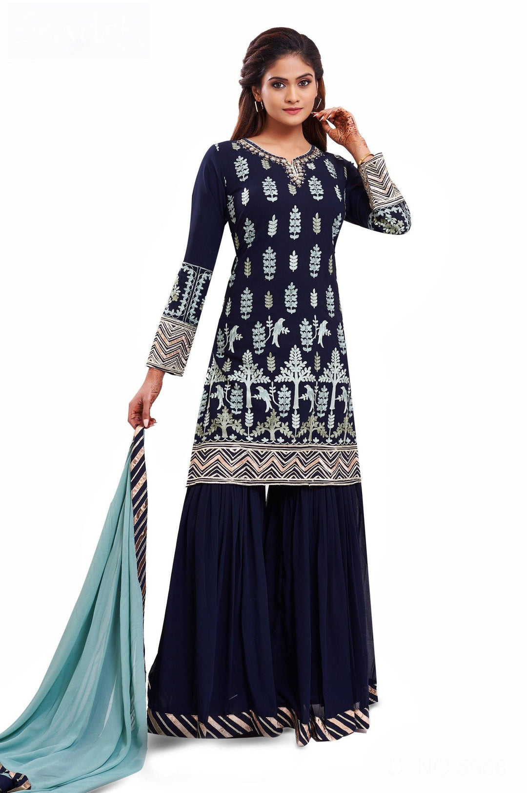 Navy Blue  Lucknowi Chikan work with Pastel Green Dupatta Sharara Suit - 1