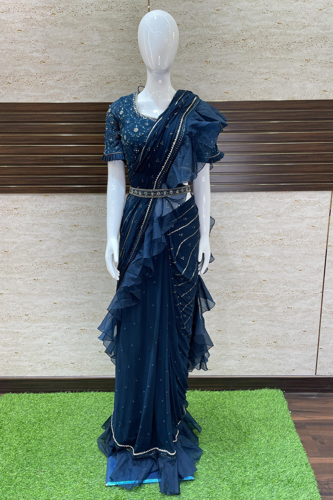 Peacock Blue Readymade Fancy Saree and Readymade Designer Blouse with Belt