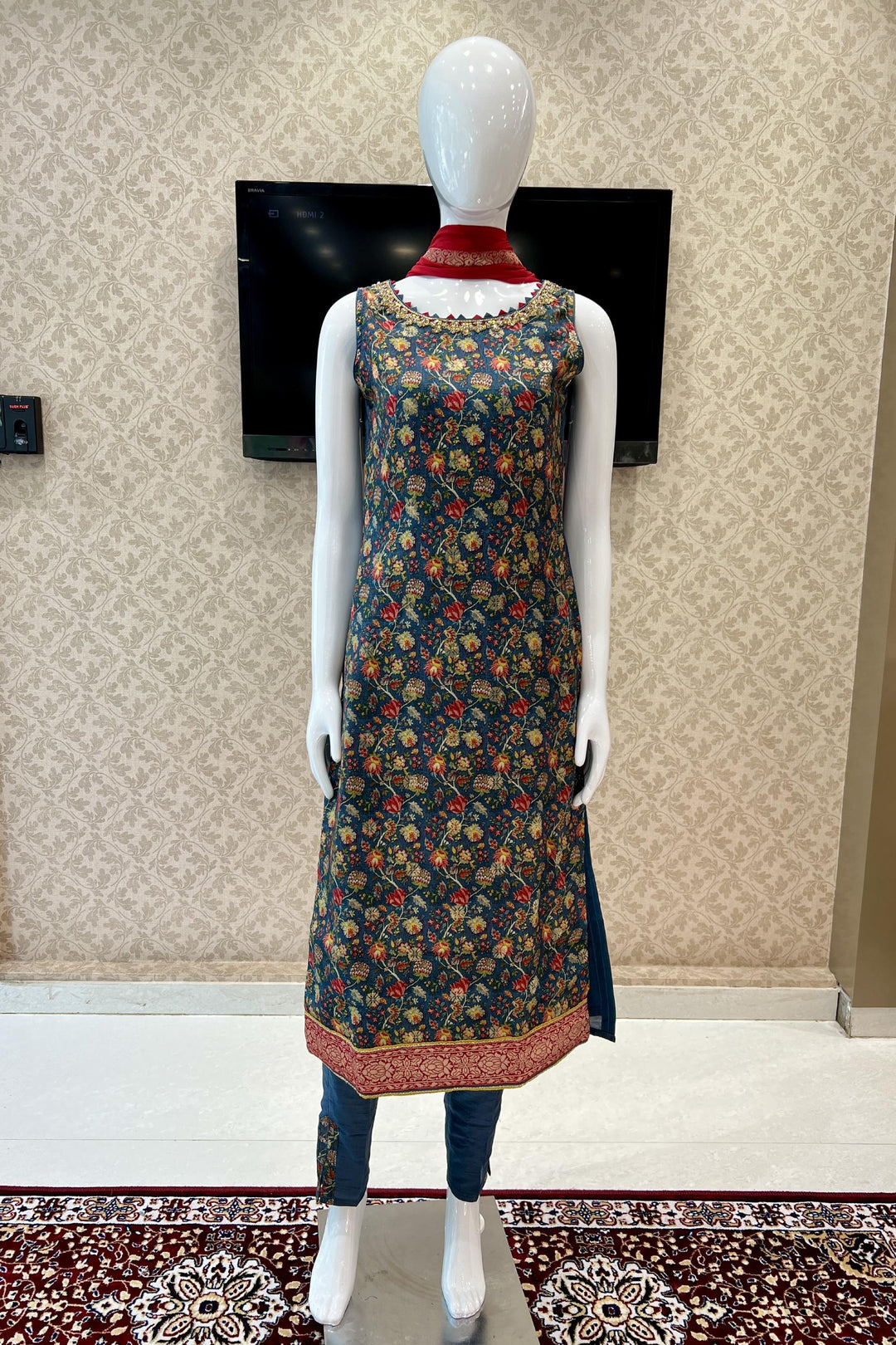 Grey Beads, Mirror and Zardozi work with Floral Print Straight Cut Salwar Suit - Seasons Chennai